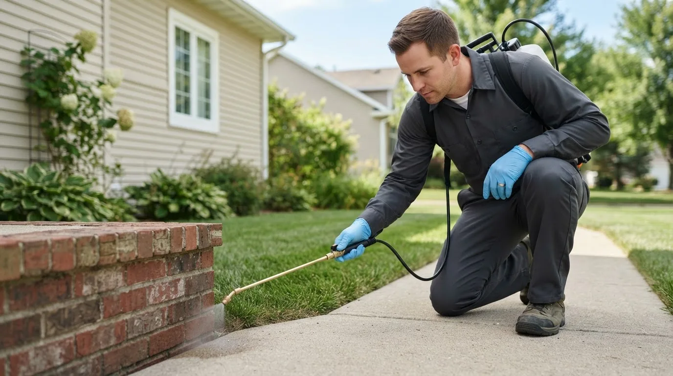 Pest control technician treating a home near Butlerville, IN