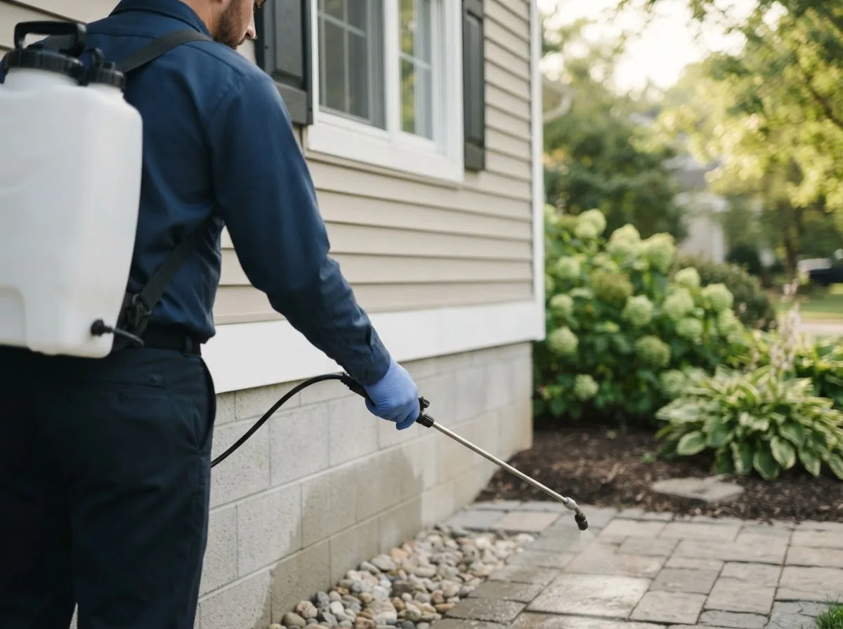 Pest control technician inspecting a home in Butlerville, IN